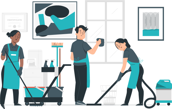 Illustration d'une équipe de trois personne travaillant dans une entreprise de nettoyages et d'entretien on les vois nettoyer le sol et faire biller les vitres