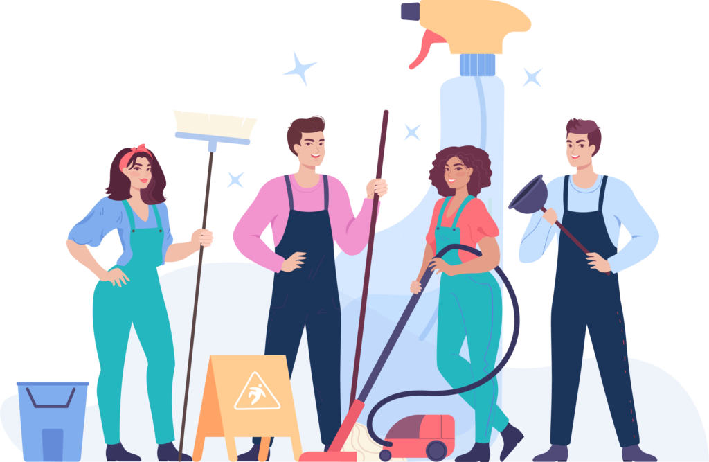 Illustartion d'une équipe d'employé dans une entreprises d'entretien et de nettoyage.